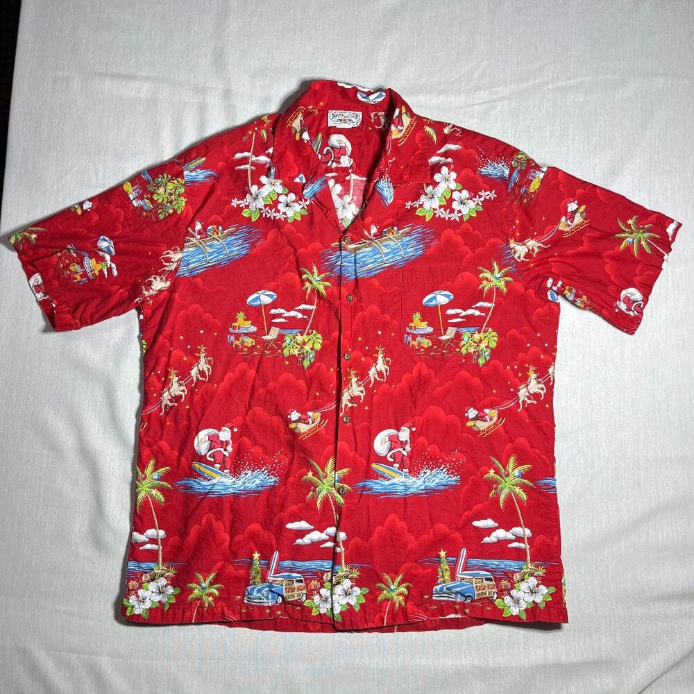 Pacific Legend Button Shirt Mens 2XL Red Hawaiian Santa Surfer Beach Christmas